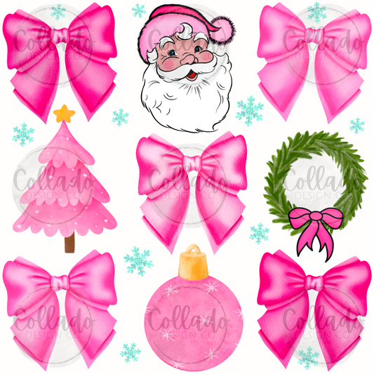 Santa Claus Bow Trio Hot Pink Watercolors Christmas Holidays - Digital Download Instant PNG File