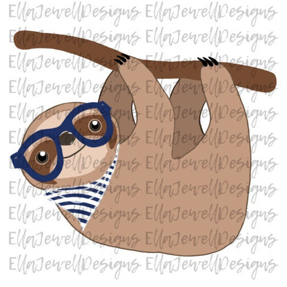 Baby Boy Sloth Glasses Bandana Blue Drawing Digital Download Instant PNG File