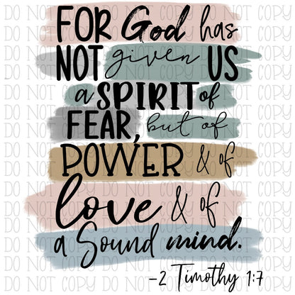 2 Timothy 1:7 - For God Has Given Power Love Sound Mind - Watercolor Stripes - Digital Download Instant PNG File