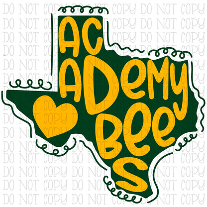 Academy Bees - Texas - Green and Yellow - State - School Sports Team -Digital Download Instant PNG File