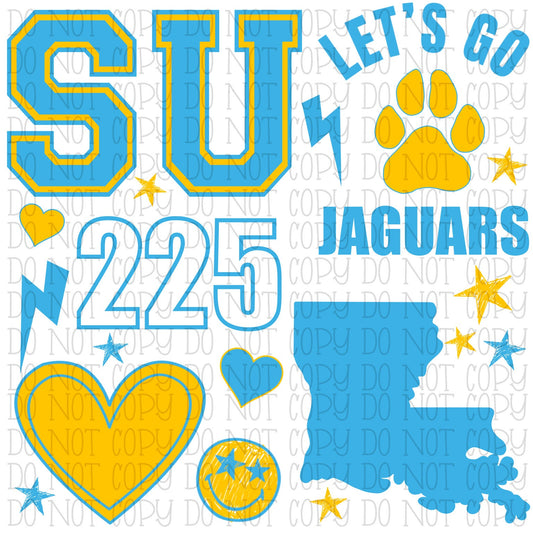 South U Jaguars Paw Print - Scatter Retro Light Blue Yellow - Louisiana - School Sports Team - Digital Download Instant PNG File