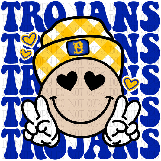 B Trojans Peace Smile Hippie - Gold and Royal Blue - School Sports Team - Digital Download Instant PNG File