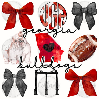 Bulldog Trio Bows Football Watercolor Black Red State Georgia School Sports Team Digital Download Instant PNG File