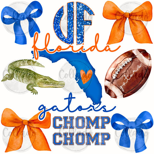 Florida Gators Trio Bows Football Watercolor Orange and Blue State School Sports Team Digital Download Instant PNG File